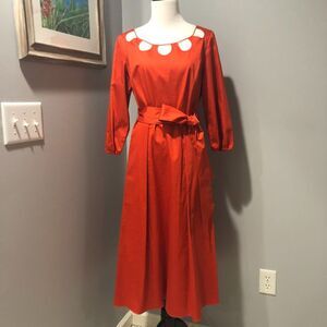Elie Tahari Orange Midi Knee Length Fit Flare Pockets Belted Cotton Dress Size 6